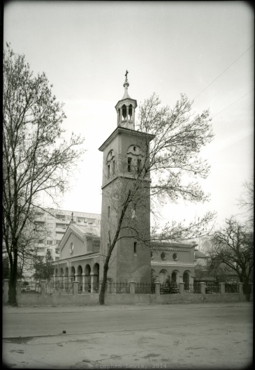 Church of St. James the Martyr, Poduyane Quarter, Sofia, Bulgaria, late-1990s. (Toyo field camera, 6x9cm back, 55mm Rodenstock lens, b/w negative, scan of print). Click on image to enlarge.