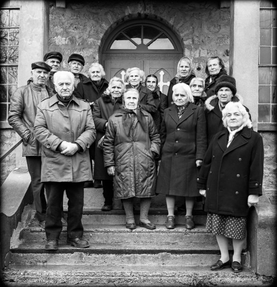 Congregants, Congregationalist Church, Meriçleri, Bulgaria, 2004. Rolleiflex Xenotar ƒ2.8, scan of 400ASA black/white negative.