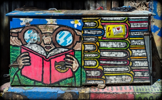 Graffito on telephone junction box, Sofia, Bulgaria, 2014. Fuji X100. Click on image to enlarge.