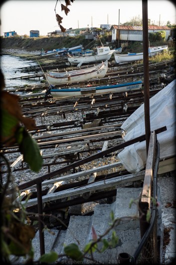 Boat-launching, fishermen's shanties, Shabla Lighthouse, Bulgarian Black Sea Coast, 2014. Fuji X100, +1.4x, "50mm" tele-converter. Click to enlarge.