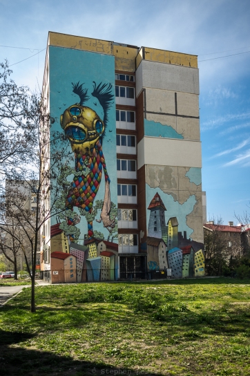 Mural, apartment block, Podyane quarter, Sofia, Bulgaria, 2016. FujiX100 w/1.4x wide-angle converter. Click on image to enlarge.